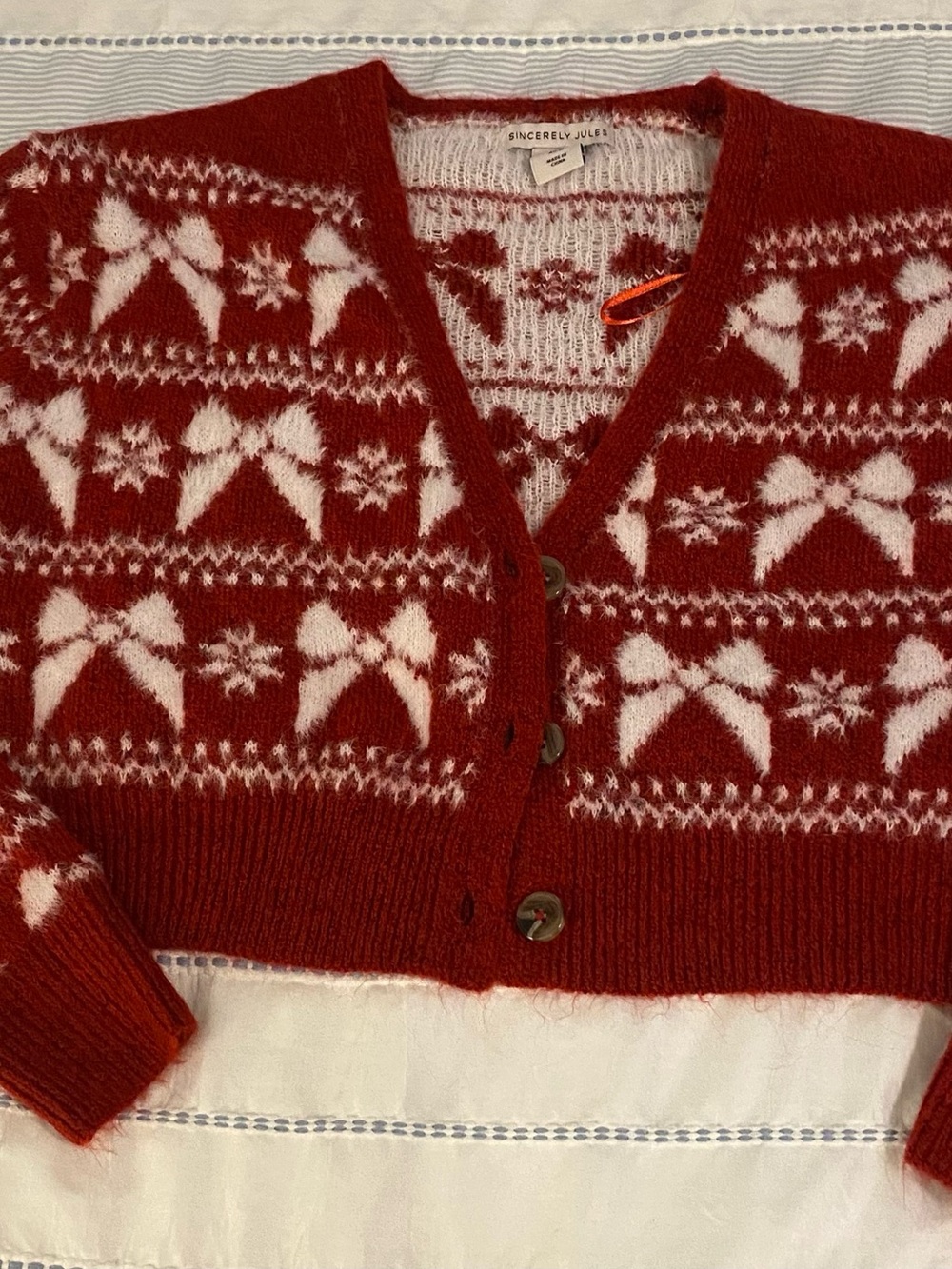 Sincerly Jules Red & White Fair Isle V-Neck Cardigan